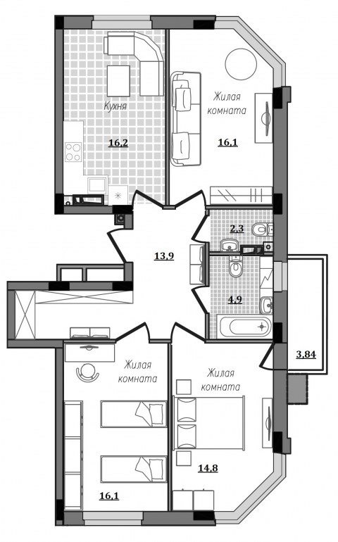 Планировка: 3-комн., 87,8 м²