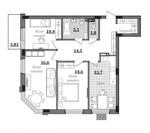 Планировка: 3-комн., 82,4 м²