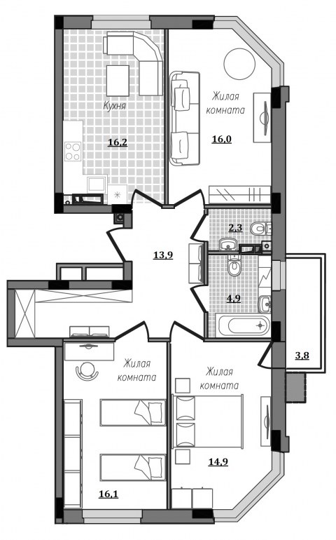 Планировка: 3-комн., 87,8 м²