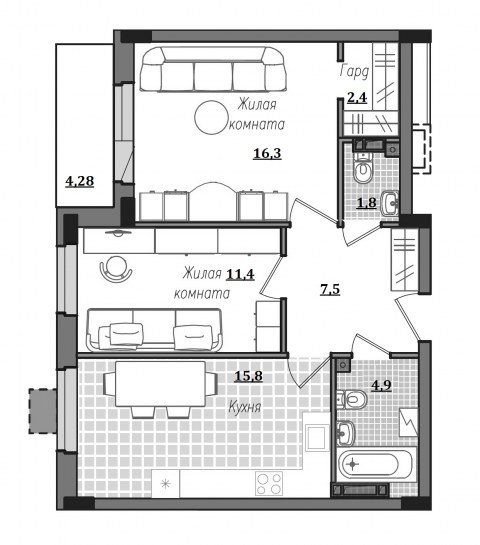 Планировка: 2-комн., 63,5 м²