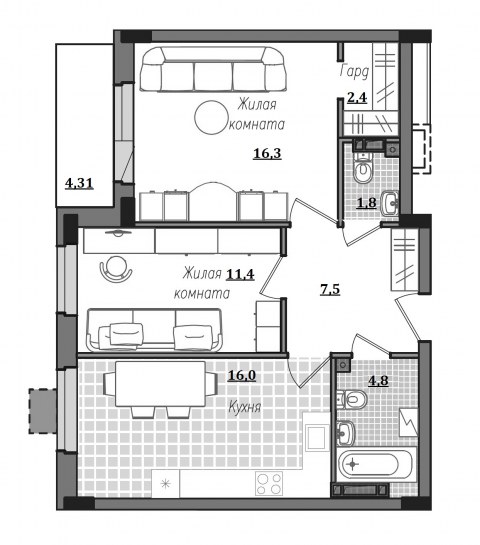 Планировка: 2-комн., 63,5 м²