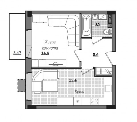 Планировка: 1-комн., 42,3 м²