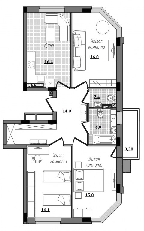 Планировка: 3-комн., 87,8 м²