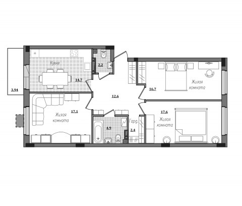 Планировка: 3-комн., 90,7 м²