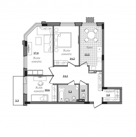 Планировка: 3-комн., 82,2 м²