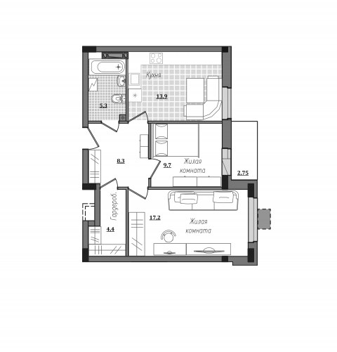 Планировка: 2-комн., 61,0 м²