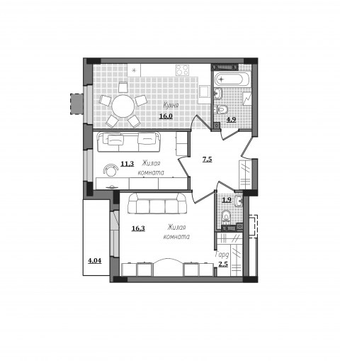 Планировка: 2-комн., 63,5 м²
