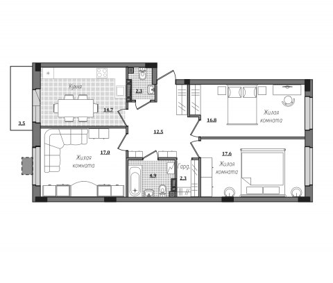Планировка: 3-комн., 90,7 м²