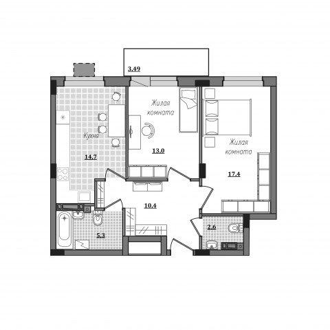 Планировка: 2-комн., 66,3 м²
