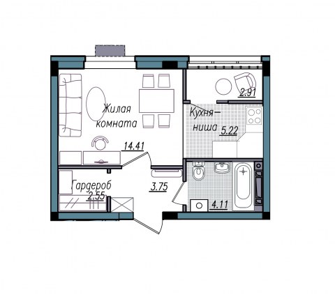 Планировка: 1-комн., 33,0 м²