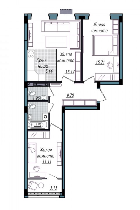 Планировка: 3-комн., 68,4 м²