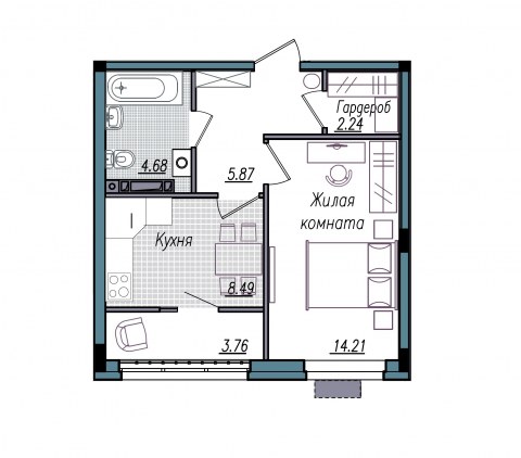 Планировка: 1-комн., 39,3 м²