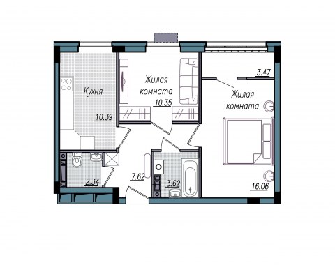 Планировка: 2-комн., 53,9 м²