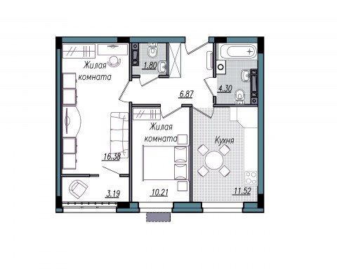Планировка: 2-комн., 54,3 м²
