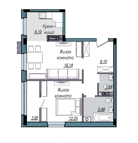 Планировка: 2-комн., 54,9 м²