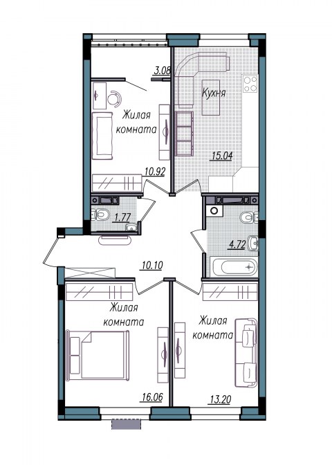 Планировка: 3-комн., 74,9 м²