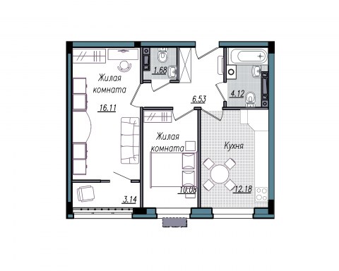 Планировка: 2-комн., 53,8 м²