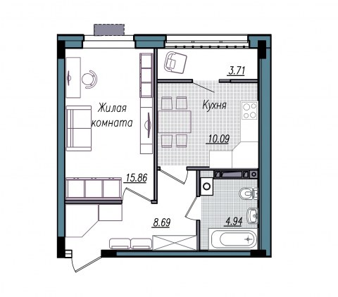 Планировка: 1-комн., 43,3 м²