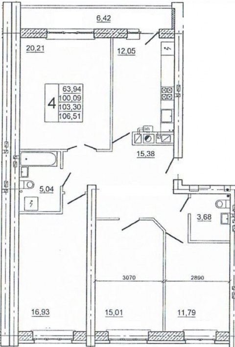Планировка: 4-комн., 107,1 м²