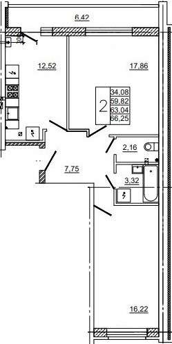 Планировка: 2-комн., 66,1 м²