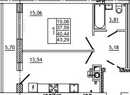 Планировка: 1-комн., 43,0 м²