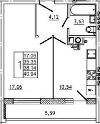 Планировка: 1-комн., 41,1 м²