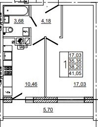 Планировка: 1-комн., 41,3 м²