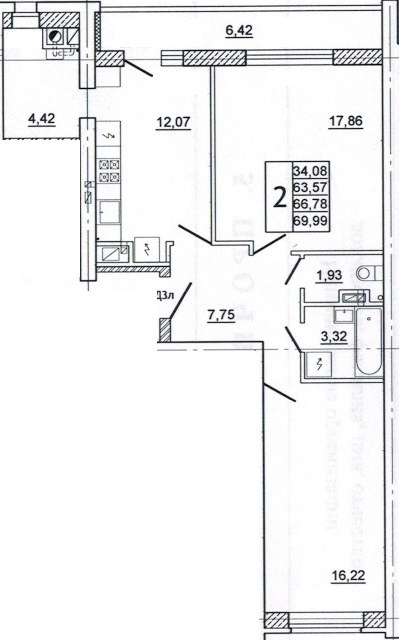 Планировка: 2-комн., 69,7 м²
