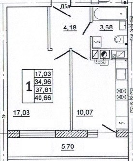 Планировка: 1-комн., 40,8 м²
