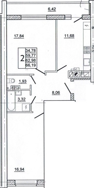 Планировка: 2-комн., 66,0 м²