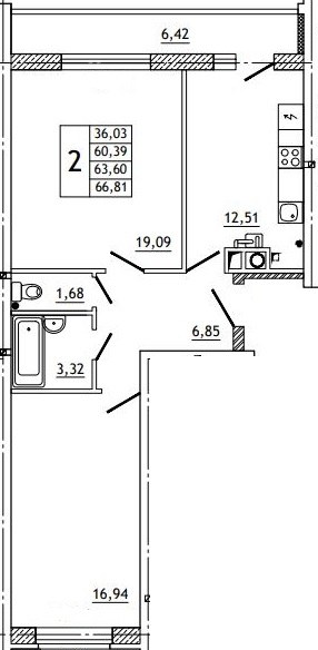 Планировка: 2-комн., 67,0 м²
