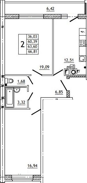 Планировка: 2-комн., 67,0 м²