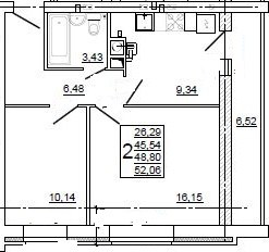 Планировка: 2-комн., 52,6 м²
