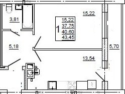Планировка: 1-комн., 43,3 м²