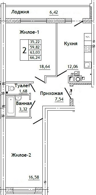 Планировка: 2-комн., 66,1 м²