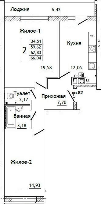 Планировка: 2-комн., 65,8 м²