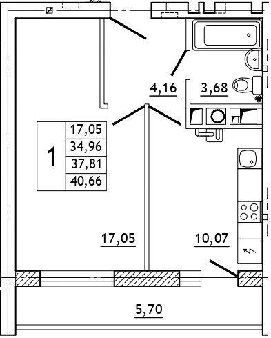 Планировка: 1-комн., 41,0 м²