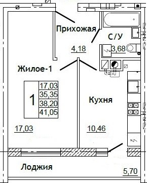 Планировка: 1-комн., 41,3 м²