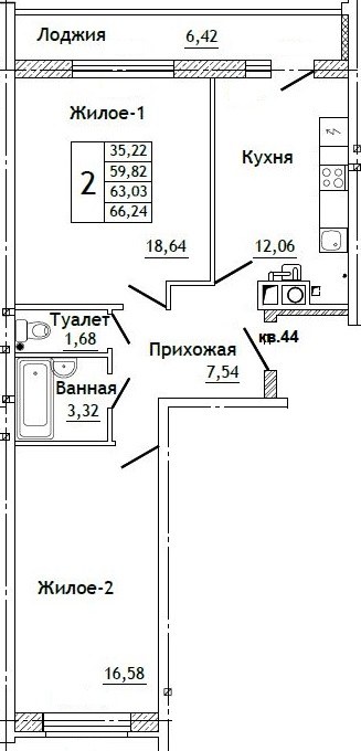 Планировка: 2-комн., 66,1 м²