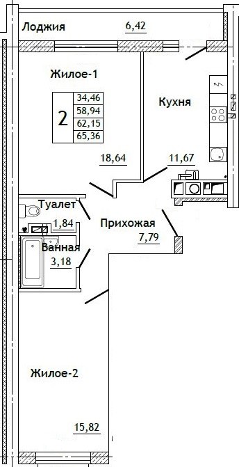 Планировка: 2-комн., 65,6 м²