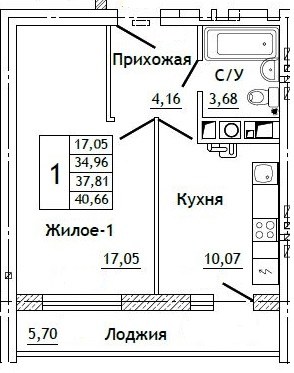 Планировка: 1-комн., 40,7 м²