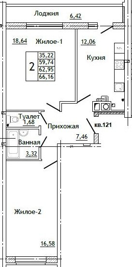 Планировка: 2-комн., 66,7 м²