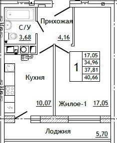 Планировка: 1-комн., 41,0 м²