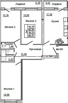 Планировка: 3-комн., 88,8 м²