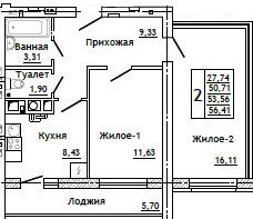Планировка: 2-комн., 56,1 м²