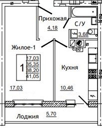 Планировка: 1-комн., 41,2 м²