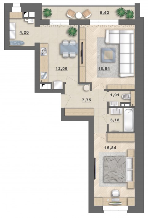 Планировка: 2-комн., 70,0 м²
