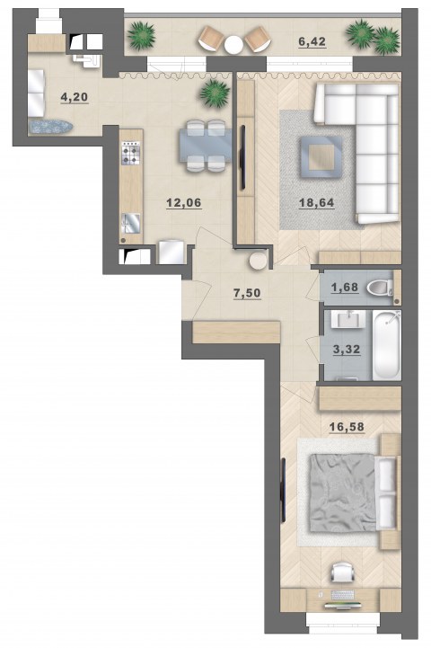 Планировка: 2-комн., 70,4 м²