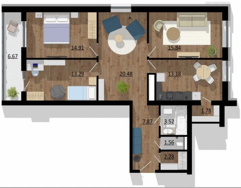 Планировка: 3-комн., 101,7 м²