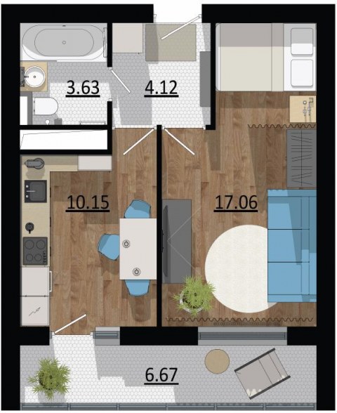 Планировка: 1-комн., 41,6 м²